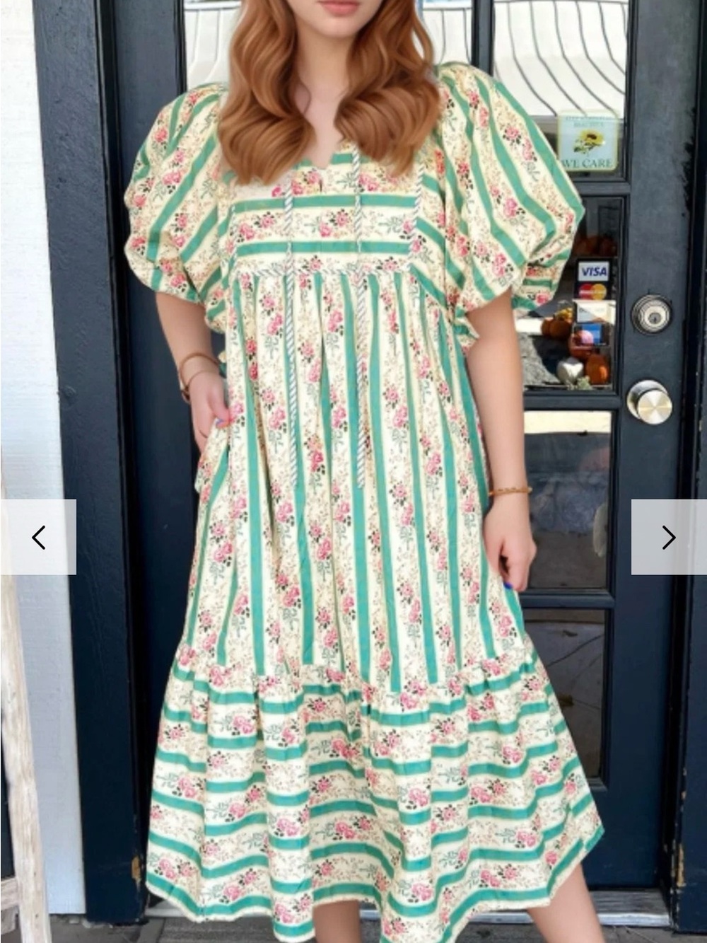 Striped Teal & White Floral Maxi Dress with Puff Sleeves - Picture 2 of 13